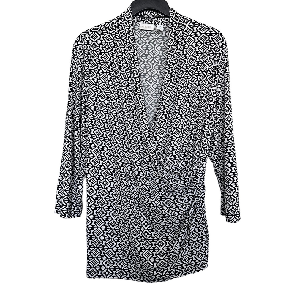 Chico’s Sz 2(L) Black White Faux Wrap Slinky Knit Top Geometric Print